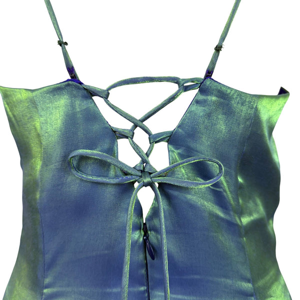 Nadine Green & Blue Iridescent Halter Maxi Dress Satin Back Tie Adjustable Sz 9