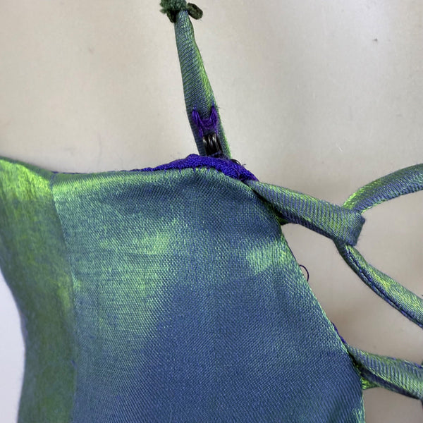 Nadine Green & Blue Iridescent Halter Maxi Dress Satin Back Tie Adjustable Sz 9