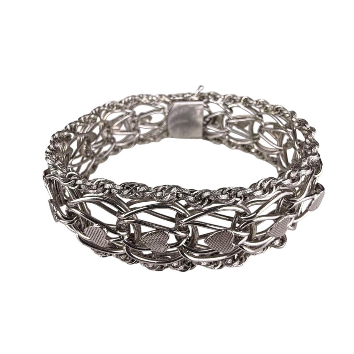 Vintage Sterling Silver Heart Motif Chain Bracelet Intricate Clasp Oval Design