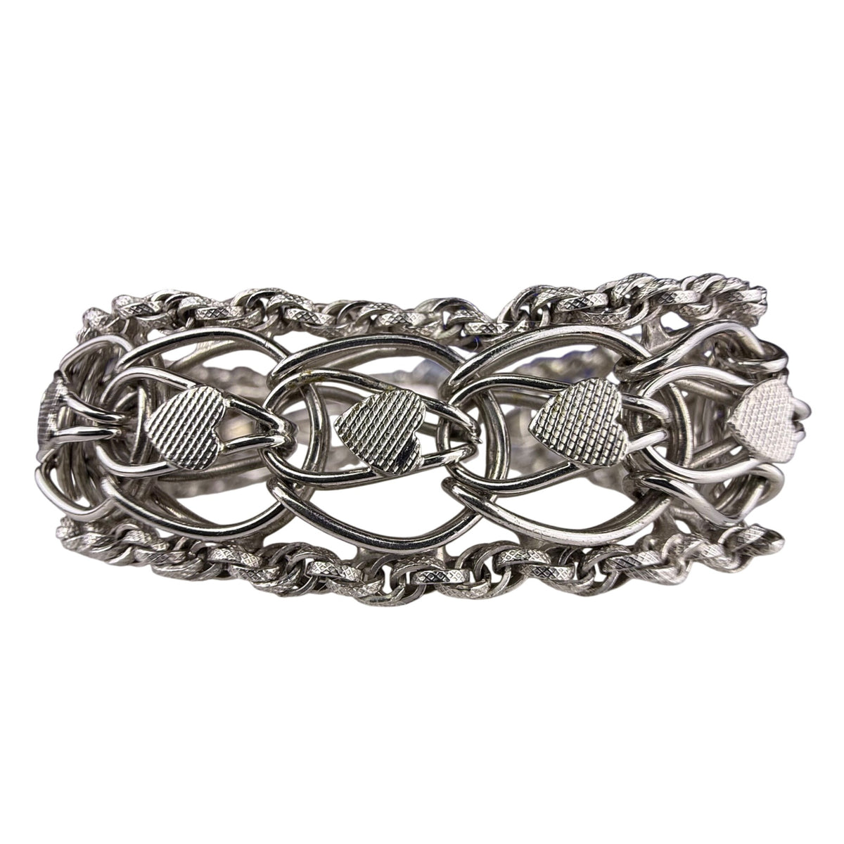 Vintage Sterling Silver Heart Motif Chain Bracelet Intricate Clasp Oval Design
