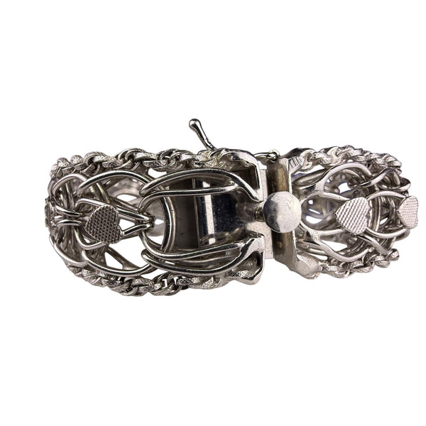 Vintage Sterling Silver Heart Motif Chain Bracelet Intricate Clasp Oval Design