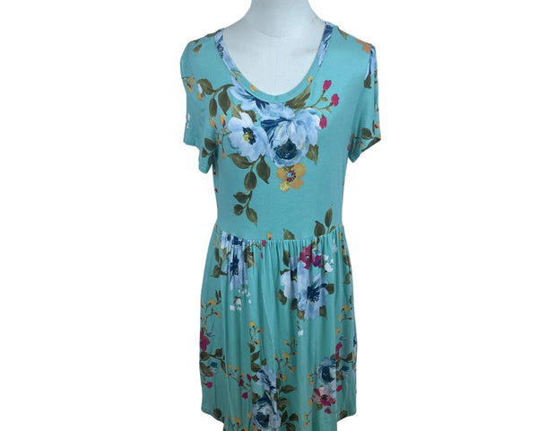 Longyuan Womens Floral Short Sleeve Dress Green Blue Size M - New