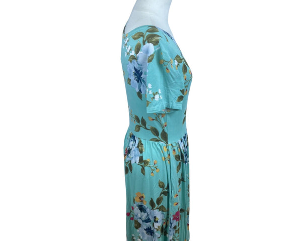 Longyuan Womens Floral Short Sleeve Dress Green Blue Size M - New