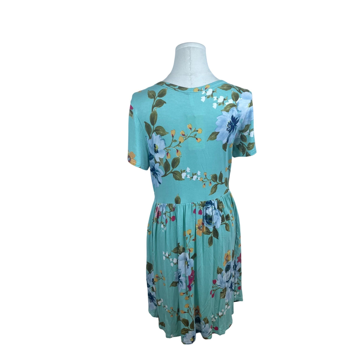 Longyuan Womens Floral Short Sleeve Dress Green Blue Size M - New