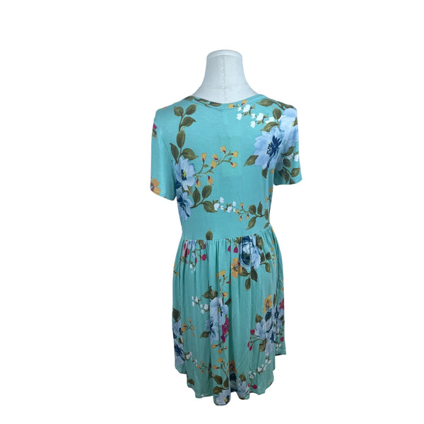 Longyuan Womens Floral Short Sleeve Dress Green Blue Size M - New