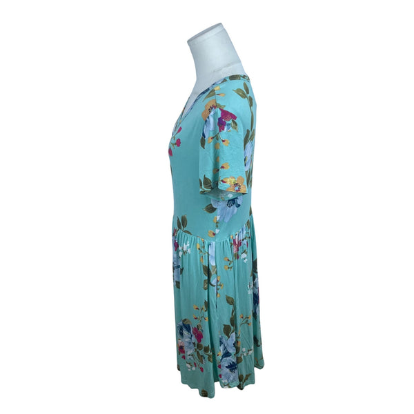 Longyuan Womens Floral Short Sleeve Dress Green Blue Size M - New