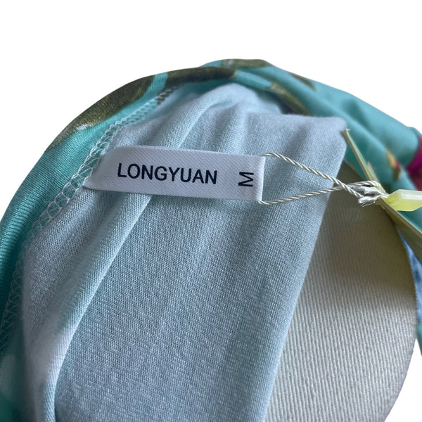 Longyuan Womens Floral Short Sleeve Dress Green Blue Size M - New