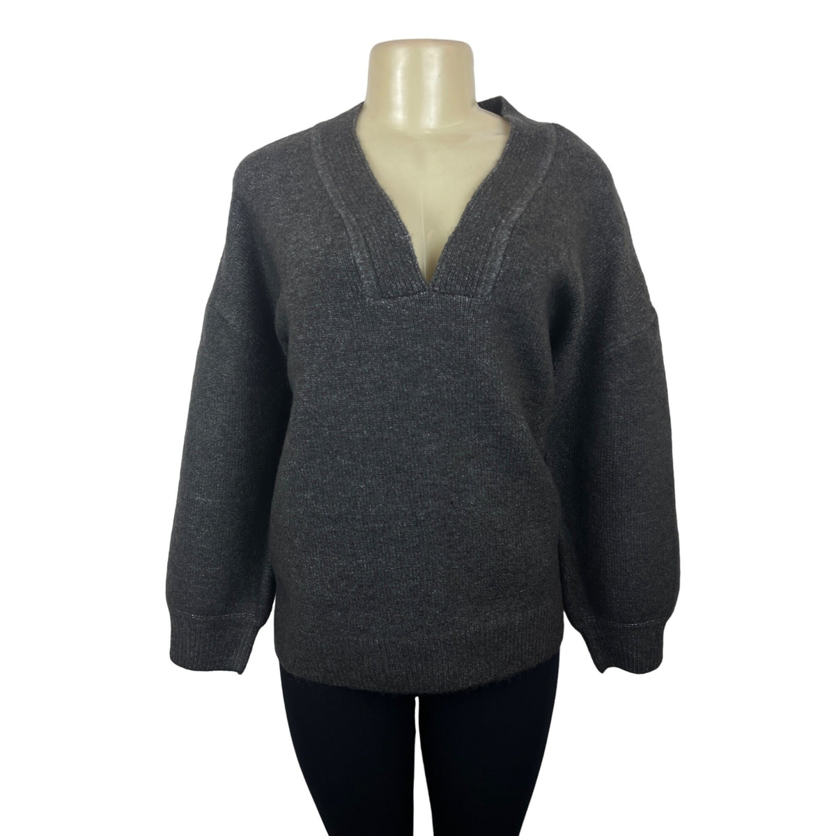 Saltarse Women's Grey V- Neck Long Sleeve Baggy Sweater One Size - New