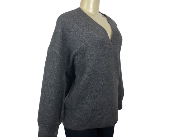 Saltarse Women's Grey V- Neck Long Sleeve Baggy Sweater One Size - New