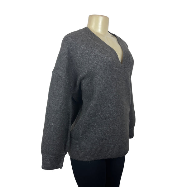 Saltarse Women's Grey V- Neck Long Sleeve Baggy Sweater One Size - New