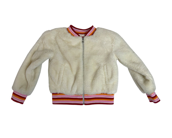 Isaac Mizrahi Girls Fur Jacket With Striped Trim White & Pink Size 4T