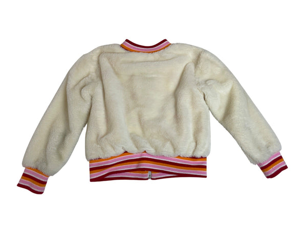 Isaac Mizrahi Girls Fur Jacket With Striped Trim White & Pink Size 4T