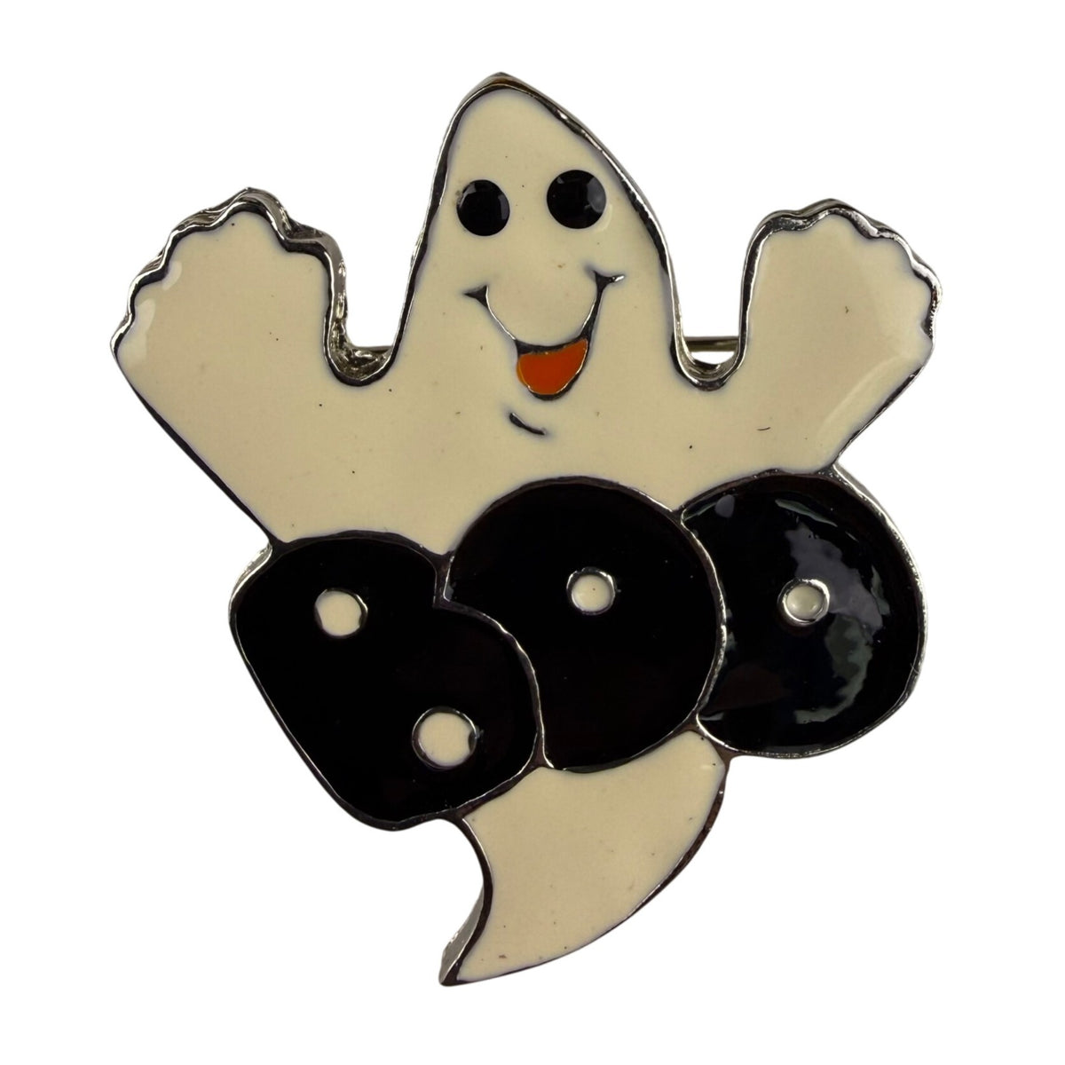 Vintage Halloween Ghost "Boo" Pin Lapel Brooch Enamel Metal White & Black