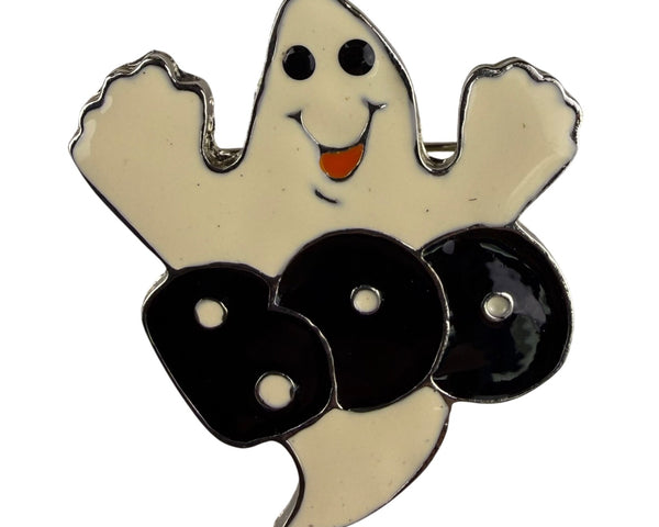 Vintage Halloween Ghost "Boo" Pin Lapel Brooch Enamel Metal White & Black