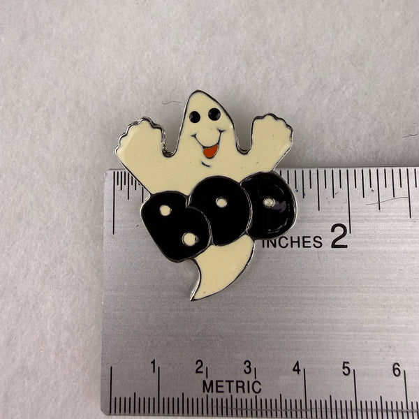 Vintage Halloween Ghost "Boo" Pin Lapel Brooch Enamel Metal White & Black