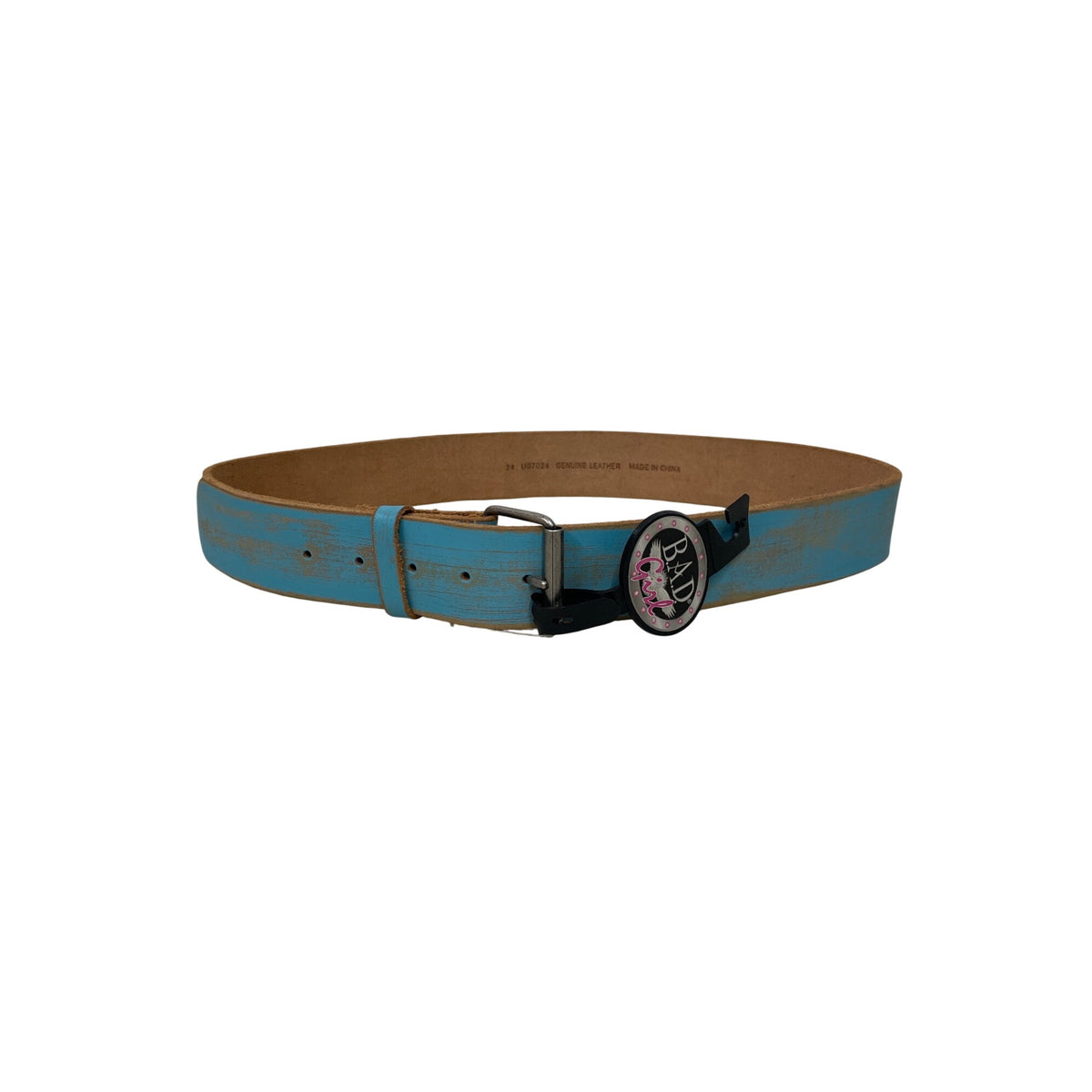 Genuine Leather Womens Blue Distressed Belt "Bad Girl" Design Size 34 Made In China