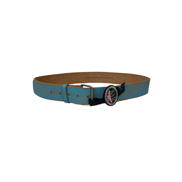 Genuine Leather Womens Blue Distressed Belt "Bad Girl" Design Size 34 Made In China