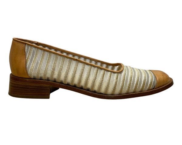 Vintage Joan David Women’s Tan/Brown Leather & Fabric Striped Low-Heel Flats Sz 7M