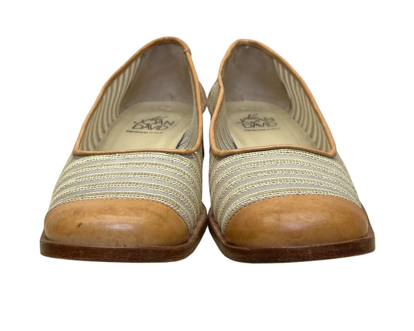 Vintage Joan David Women’s Tan/Brown Leather & Fabric Striped Low-Heel Flats Sz 7M