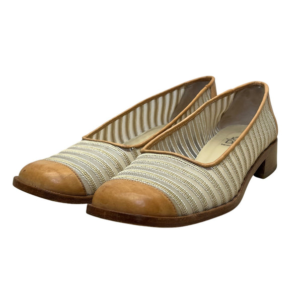 Vintage Joan David Women’s Tan/Brown Leather & Fabric Striped Low-Heel Flats Sz 7M