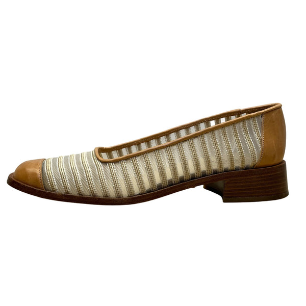 Vintage Joan David Women’s Tan/Brown Leather & Fabric Striped Low-Heel Flats Sz 7M