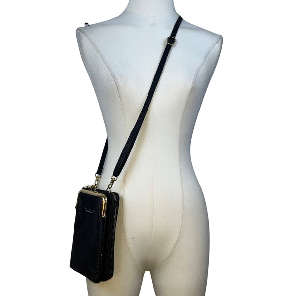 Carr Ken Women’s Black Faux Leather Metal Frame Kisslock Closure Crossbody Bag