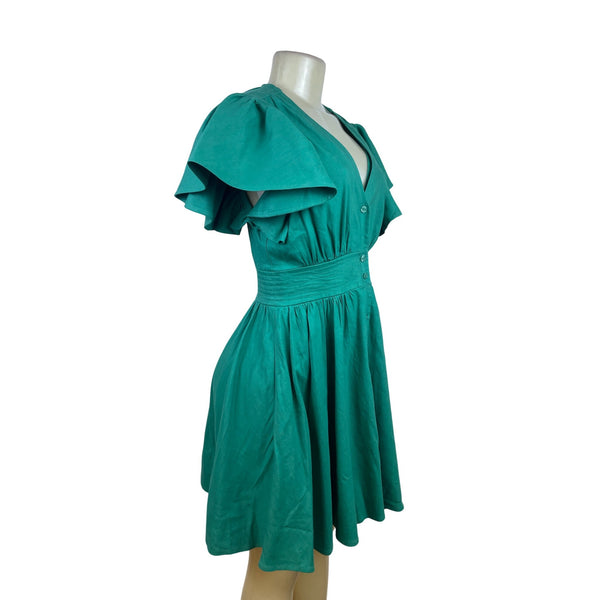 Chelsea 28 Green Women’s  Ruffled Sleeve Fit & Flare Button Front Dress Size S