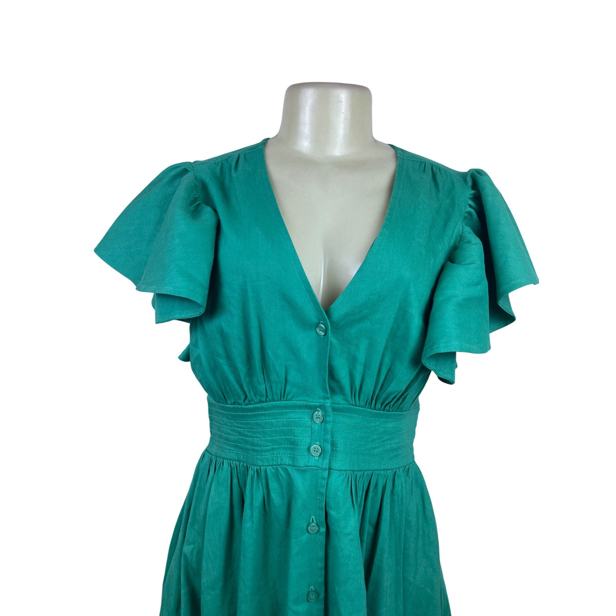 Chelsea 28 Green Women’s  Ruffled Sleeve Fit & Flare Button Front Dress Size S