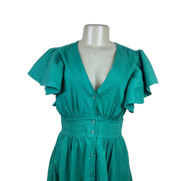 Chelsea 28 Green Women’s  Ruffled Sleeve Fit & Flare Button Front Dress Size S