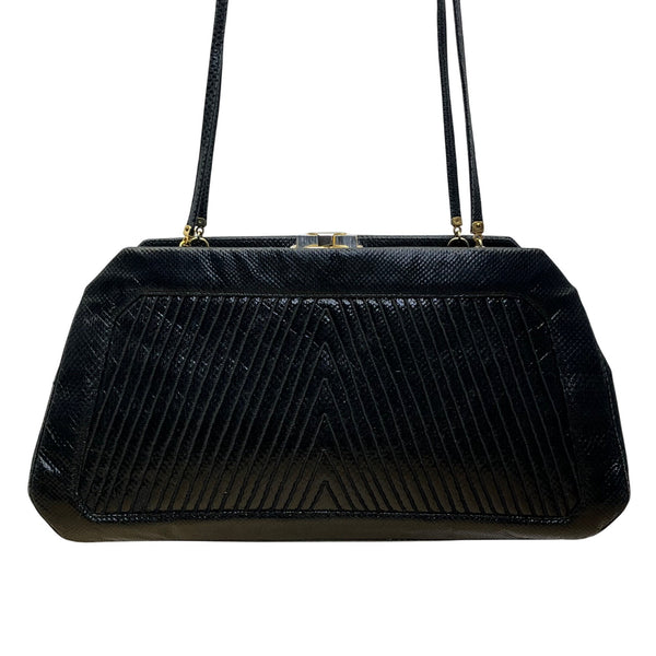 Vintage 80s Judith Leiber Black Snakeskin Leather Gold Hardware Shoulder Bag