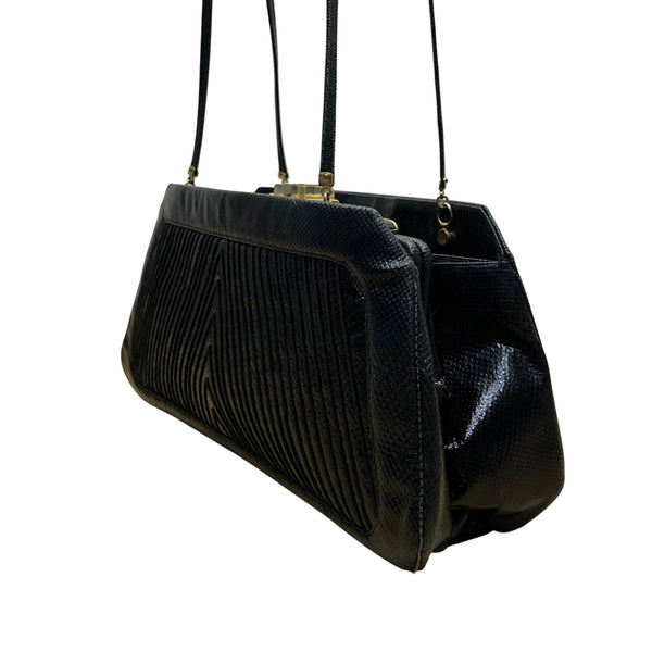 Vintage 80s Judith Leiber Black Snakeskin Leather Gold Hardware Shoulder Bag