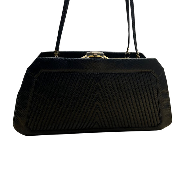 Vintage 80s Judith Leiber Black Snakeskin Leather Gold Hardware Shoulder Bag