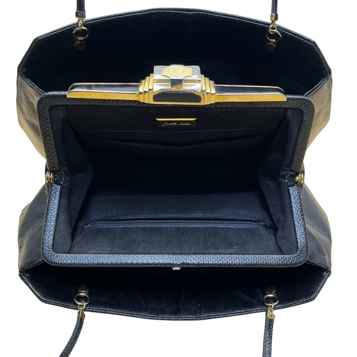 Vintage 80s Judith Leiber Black Snakeskin Leather Gold Hardware Shoulder Bag