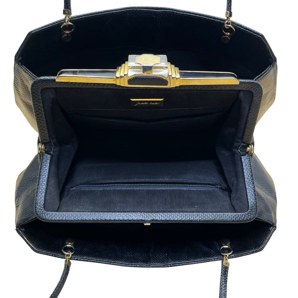 Vintage 80s Judith Leiber Black Snakeskin Leather Gold Hardware Shoulder Bag