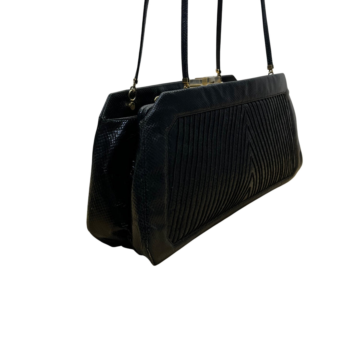 Vintage 80s Judith Leiber Black Snakeskin Leather Gold Hardware Shoulder Bag