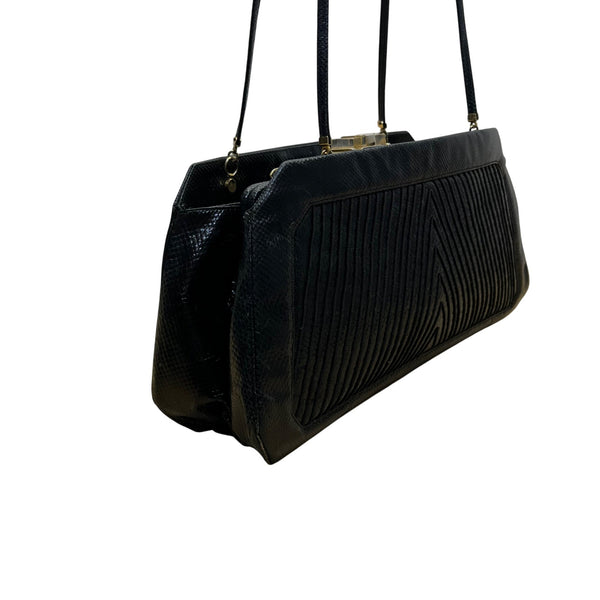 Vintage 80s Judith Leiber Black Snakeskin Leather Gold Hardware Shoulder Bag