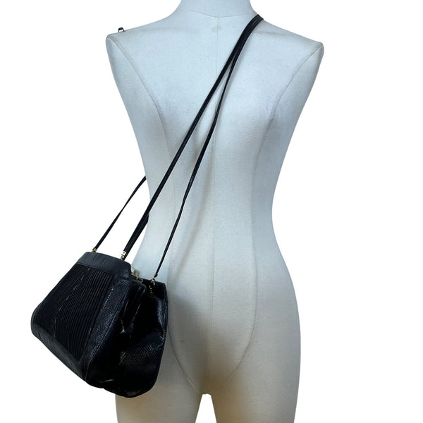 Vintage 80s Judith Leiber Black Snakeskin Leather Gold Hardware Shoulder Bag