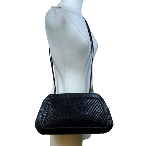 Vintage 80s Judith Leiber Black Snakeskin Leather Gold Hardware Shoulder Bag