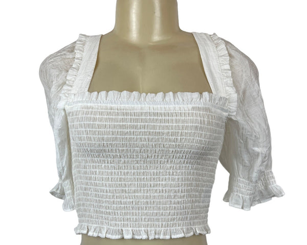 H&M Conscious Choice Womens White Smocked Crop Top W Puff Sleeves Sz XS - New