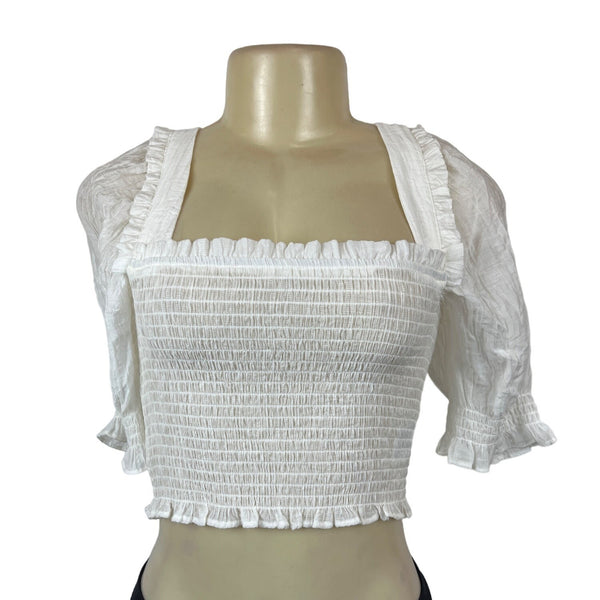 H&M Conscious Choice Womens White Smocked Crop Top W Puff Sleeves Sz XS - New