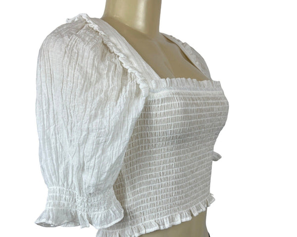 H&M Conscious Choice Womens White Smocked Crop Top W Puff Sleeves Sz XS - New