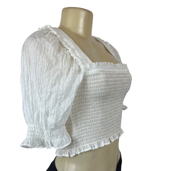 H&M Conscious Choice Womens White Smocked Crop Top W Puff Sleeves Sz XS - New
