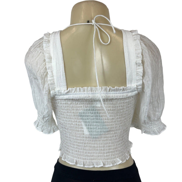 H&M Conscious Choice Womens White Smocked Crop Top W Puff Sleeves Sz XS - New