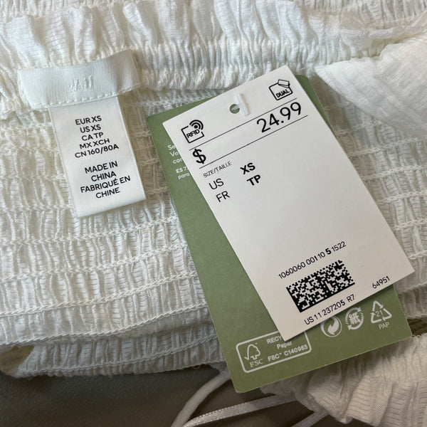 H&M Conscious Choice Womens White Smocked Crop Top W Puff Sleeves Sz XS - New