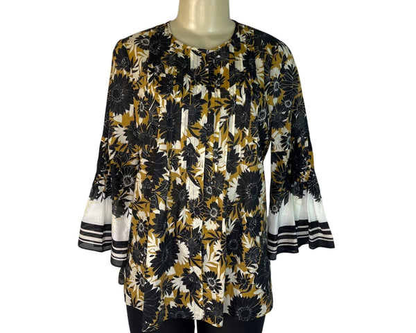 Kobi Halperin Black & Yellow Floral Print Blouse With Bell Sleeves Womens Size M
