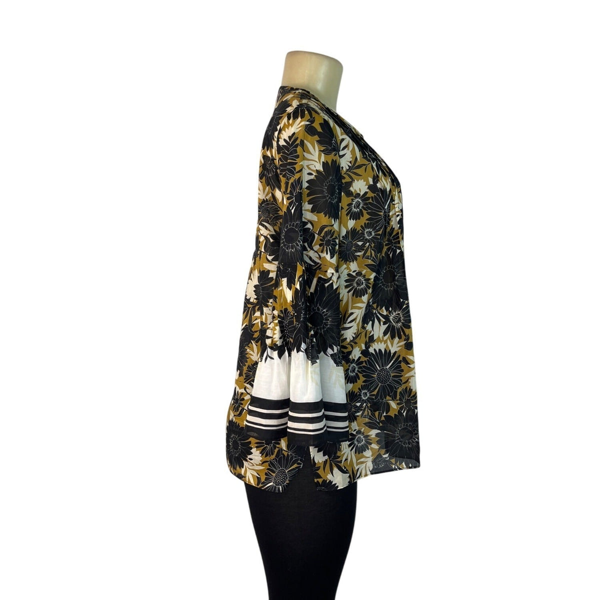 Kobi Halperin Black & Yellow Floral Print Blouse With Bell Sleeves Womens Size M