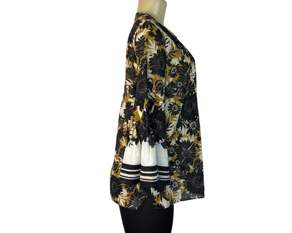 Kobi Halperin Black & Yellow Floral Print Blouse With Bell Sleeves Womens Size M