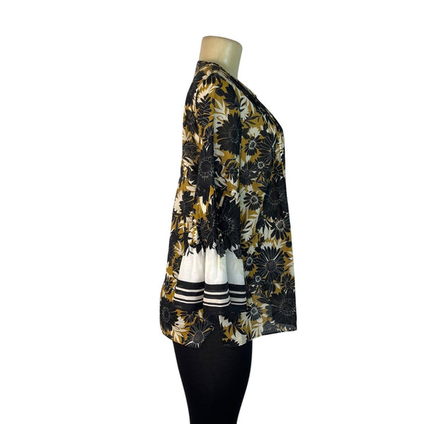 Kobi Halperin Black & Yellow Floral Print Blouse With Bell Sleeves Womens Size M