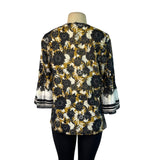 Kobi Halperin Black & Yellow Floral Print Blouse With Bell Sleeves Womens Size M