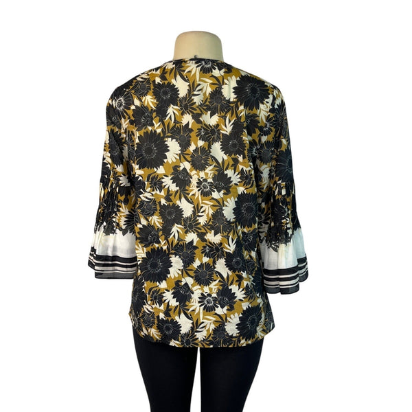 Kobi Halperin Black & Yellow Floral Print Blouse With Bell Sleeves Womens Size M